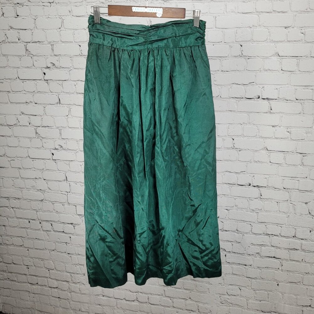 VTG Allen Solly Green Sheen Ruched Back Zip A Line Maxi Skirt USA Made Size 10